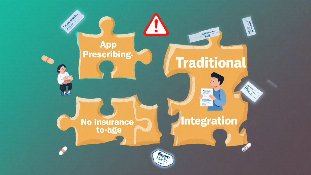 Fragmented healthcare system with app and pharmacy trying to connect, missing insurance piece.