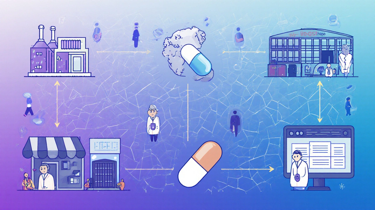 Global drug supply chain with one fake pill infiltrating legitimate shipments through gray markets.