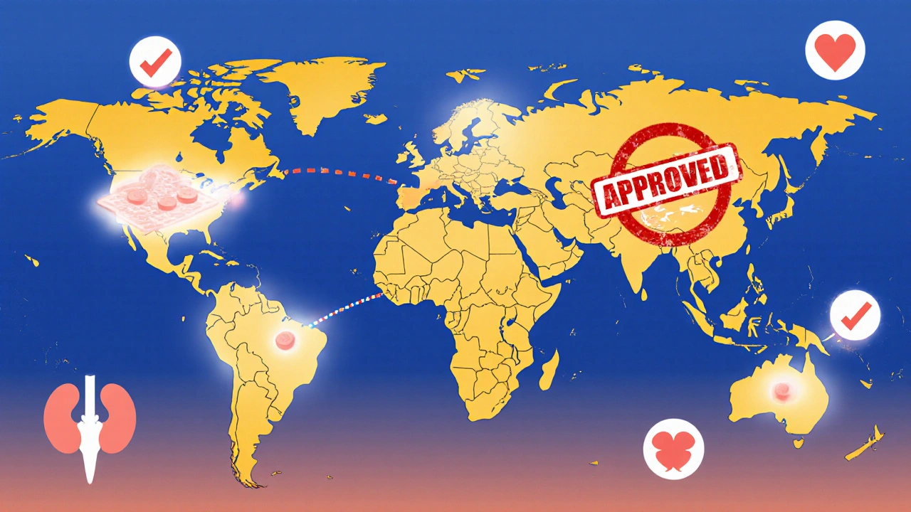 Global map showing aceclofenac availability in some countries and not in the United States.