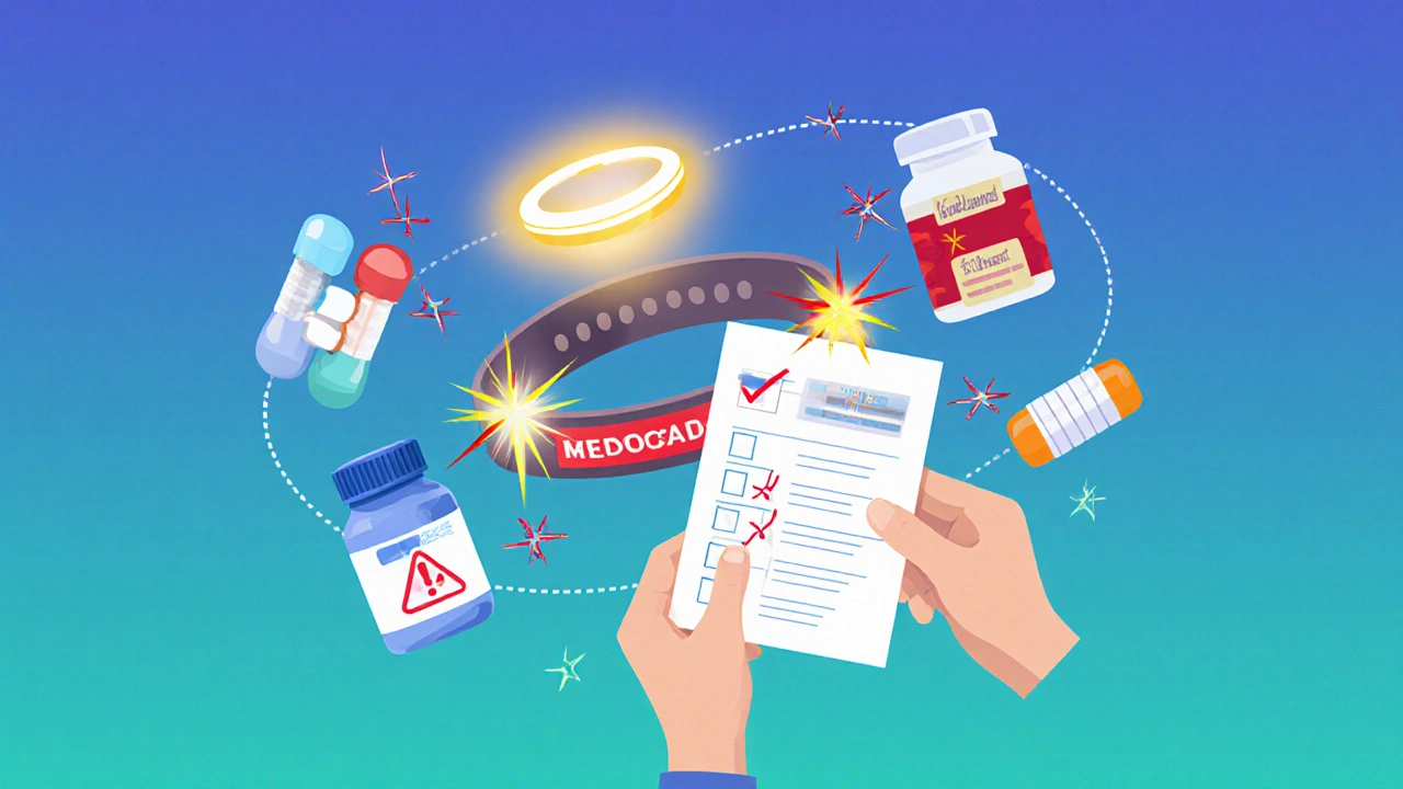 Glowing medical alert bracelet surrounded by interacting medication icons and a printed drug list on gradient background
