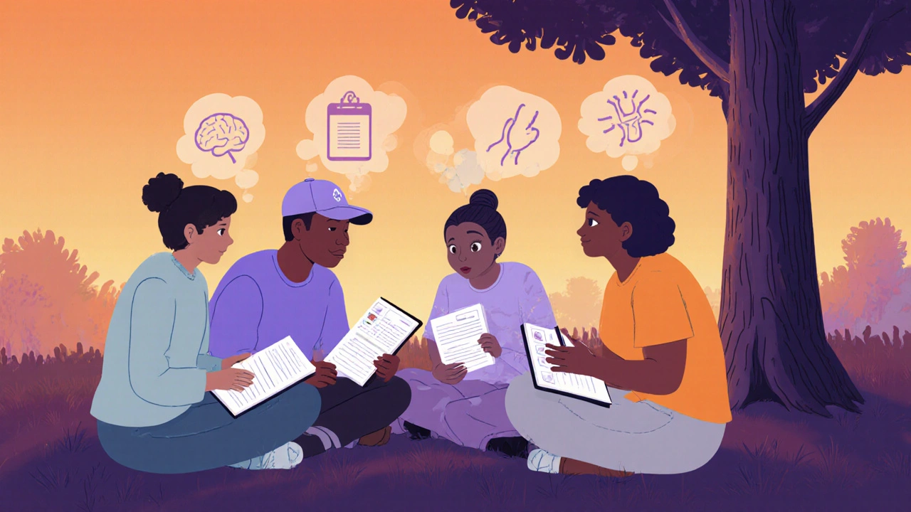 Group of survivors sharing experiences under a tree, symbolizing community and healing.