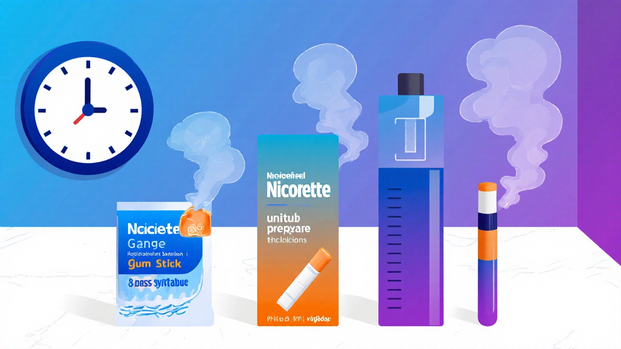 Nicotinell patch, Nicorette gum, and vape pen on a counter with dissolving smoke clouds beside a cigarette.