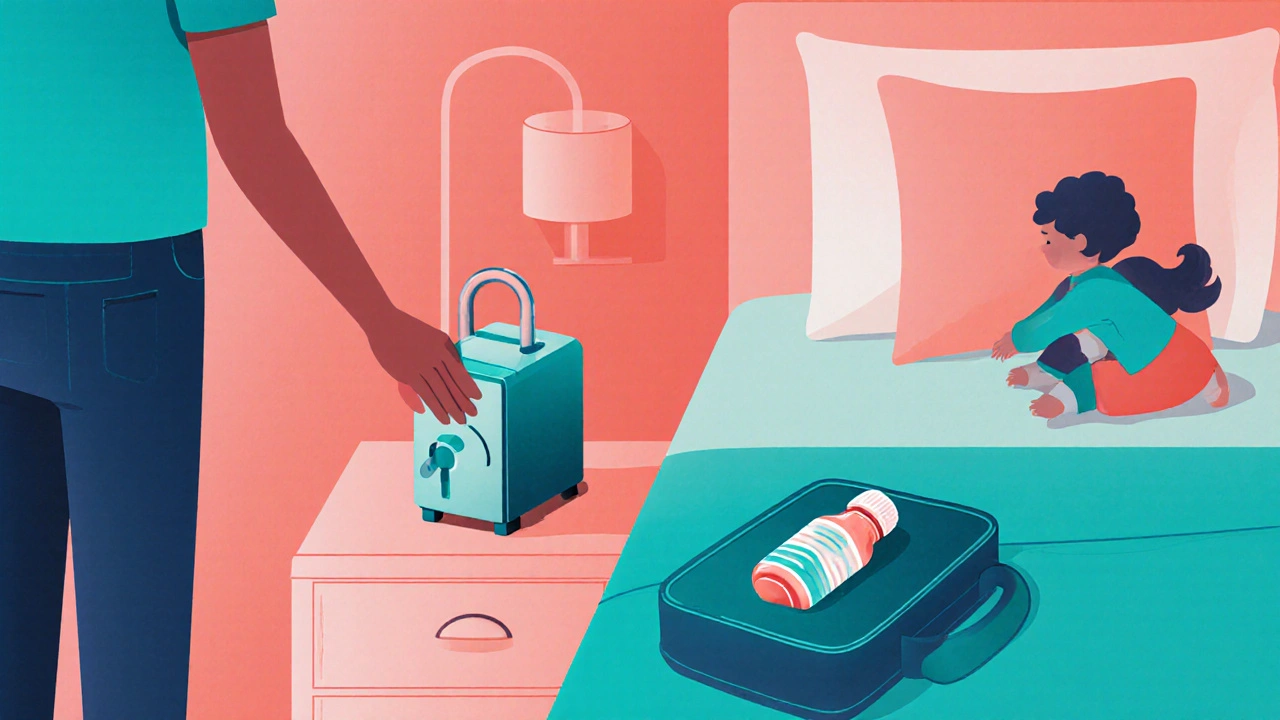 Parent locking travel medicine box in hotel safe while child plays nearby.