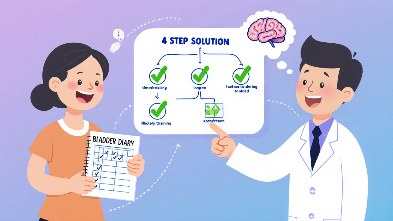 Patient and doctor reviewing bladder diary with icons for treatment steps, gradient cartoon style.