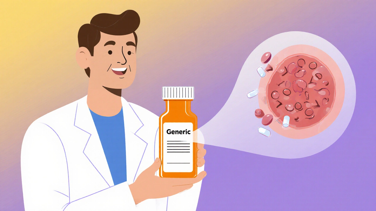 Patient and pharmacist beside a prescription bottle, with transparent dissolution matching brand drug in blood vessel.