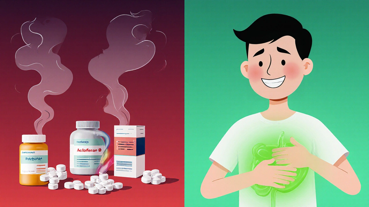 Patient comparing stomach discomfort from other NSAIDs to peaceful relief with aceclofenac.