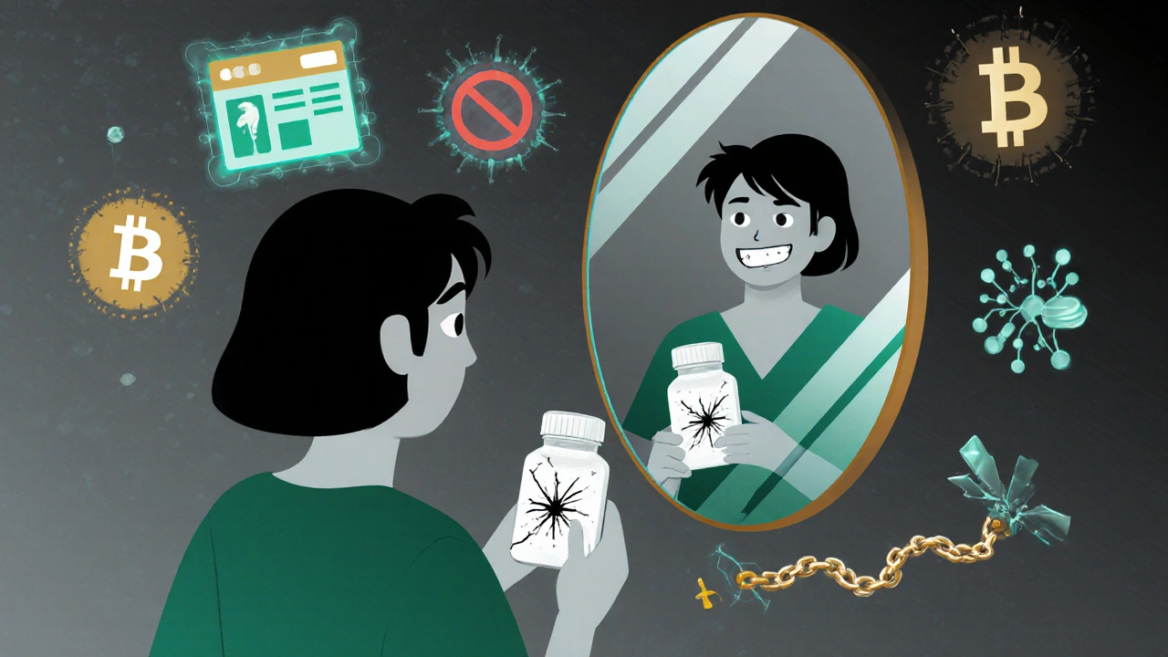Patient holding fake medication while mirror reflects a sinister version, with AI-generated fakes in background.