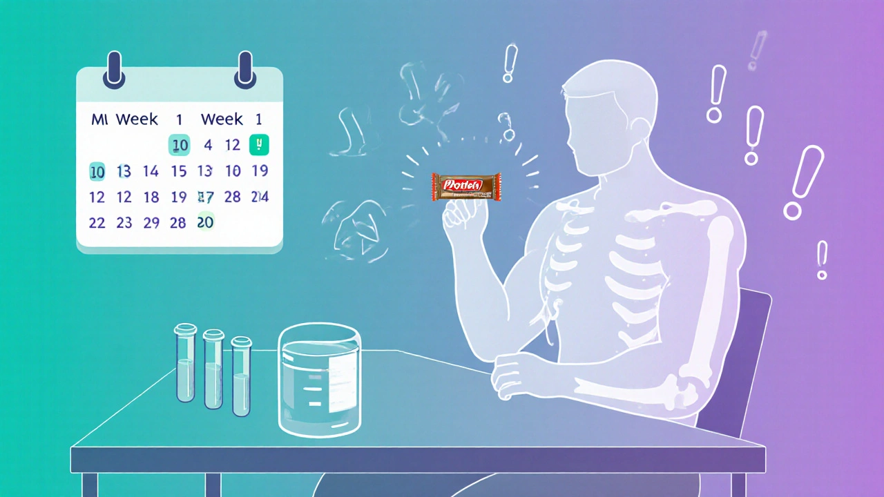 Patient with fading muscle ghost beside protein bar, calendar showing weeks of treatment