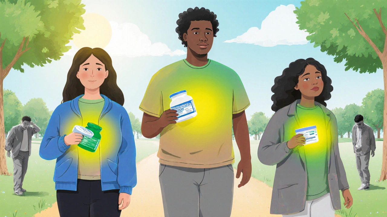 People walking in park holding non-sedating meds, with bright gradients showing improved energy.