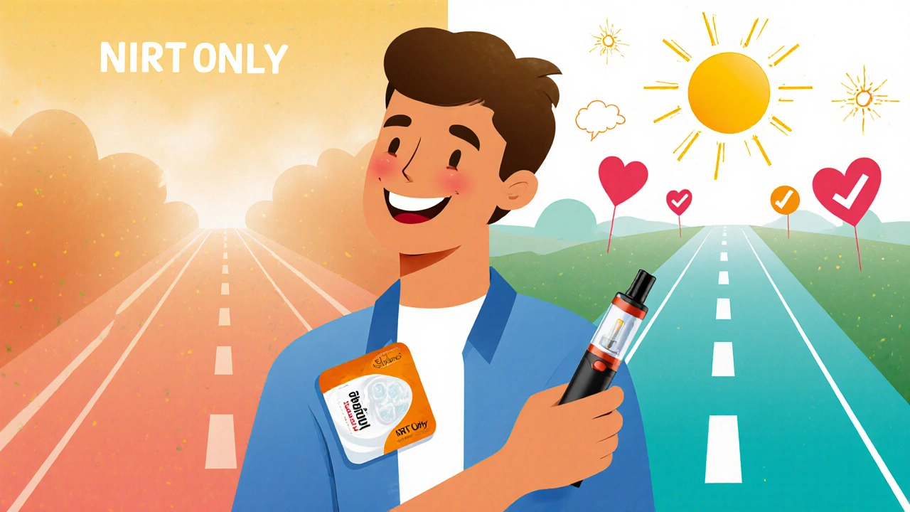 Person holding patch and vape pen with two paths showing combination therapy as the brighter, successful route.