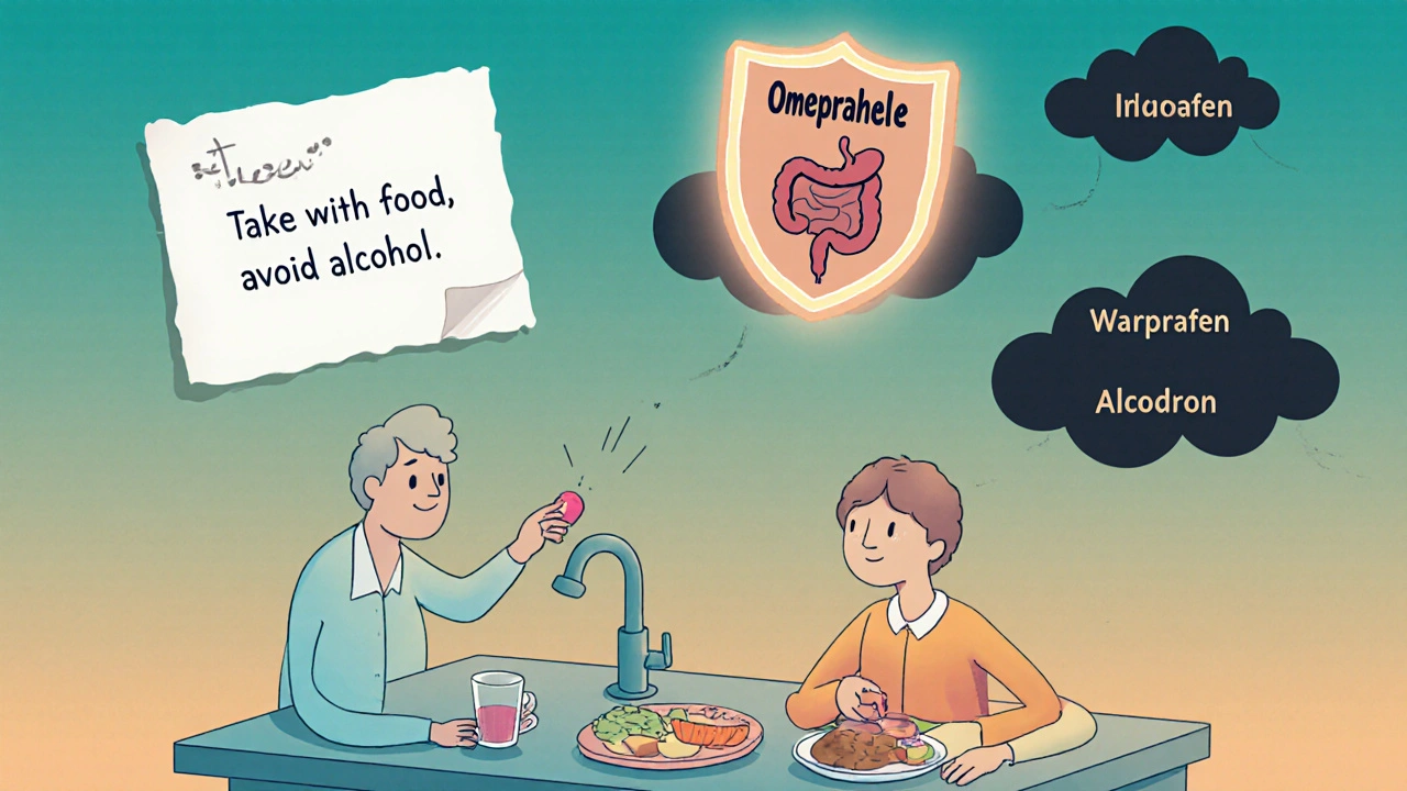 Person taking ketorolac with food and water, protected by a stomach shield while risky substances hover nearby.