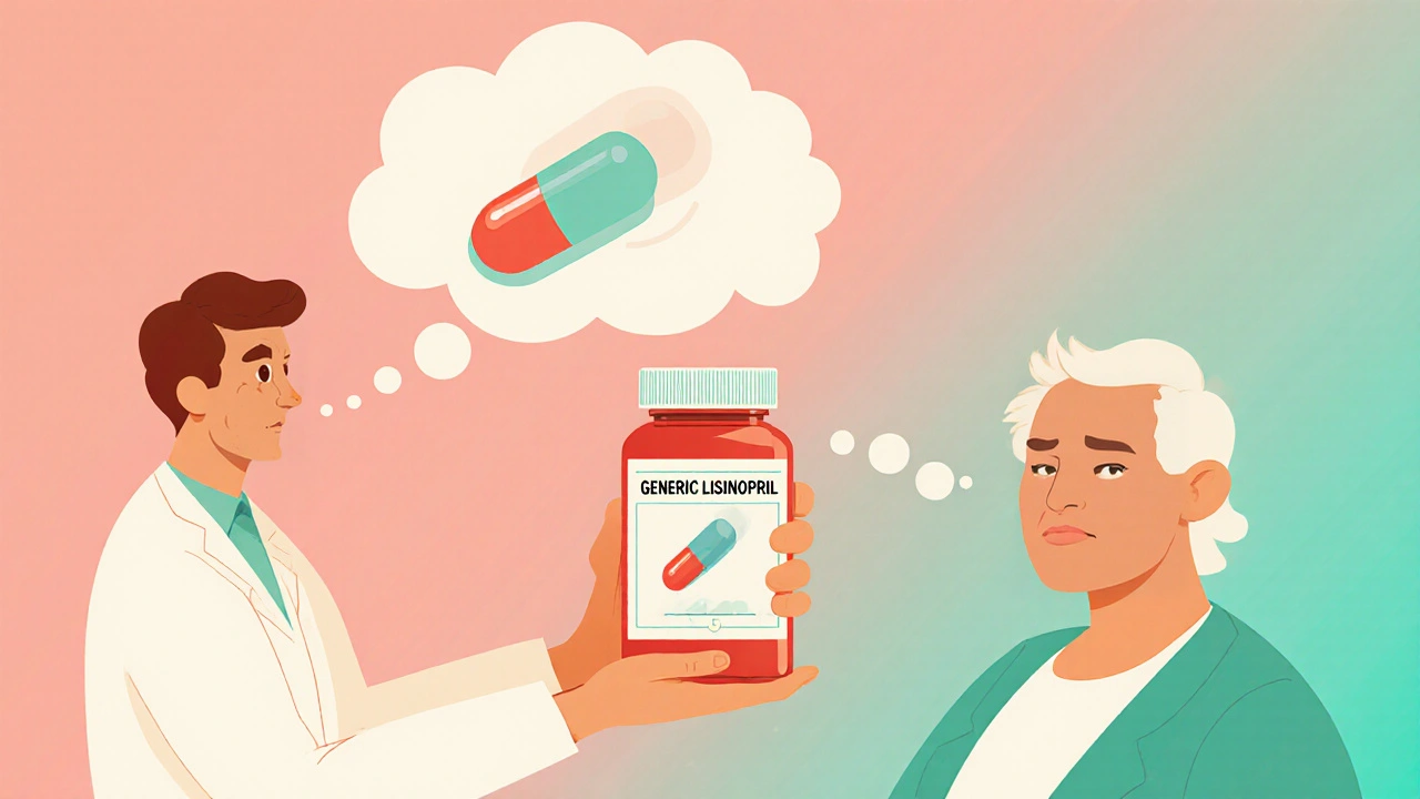 Pharmacist giving a prescription bottle to a patient, with a thought bubble showing the previous pill&#039;s different appearance.