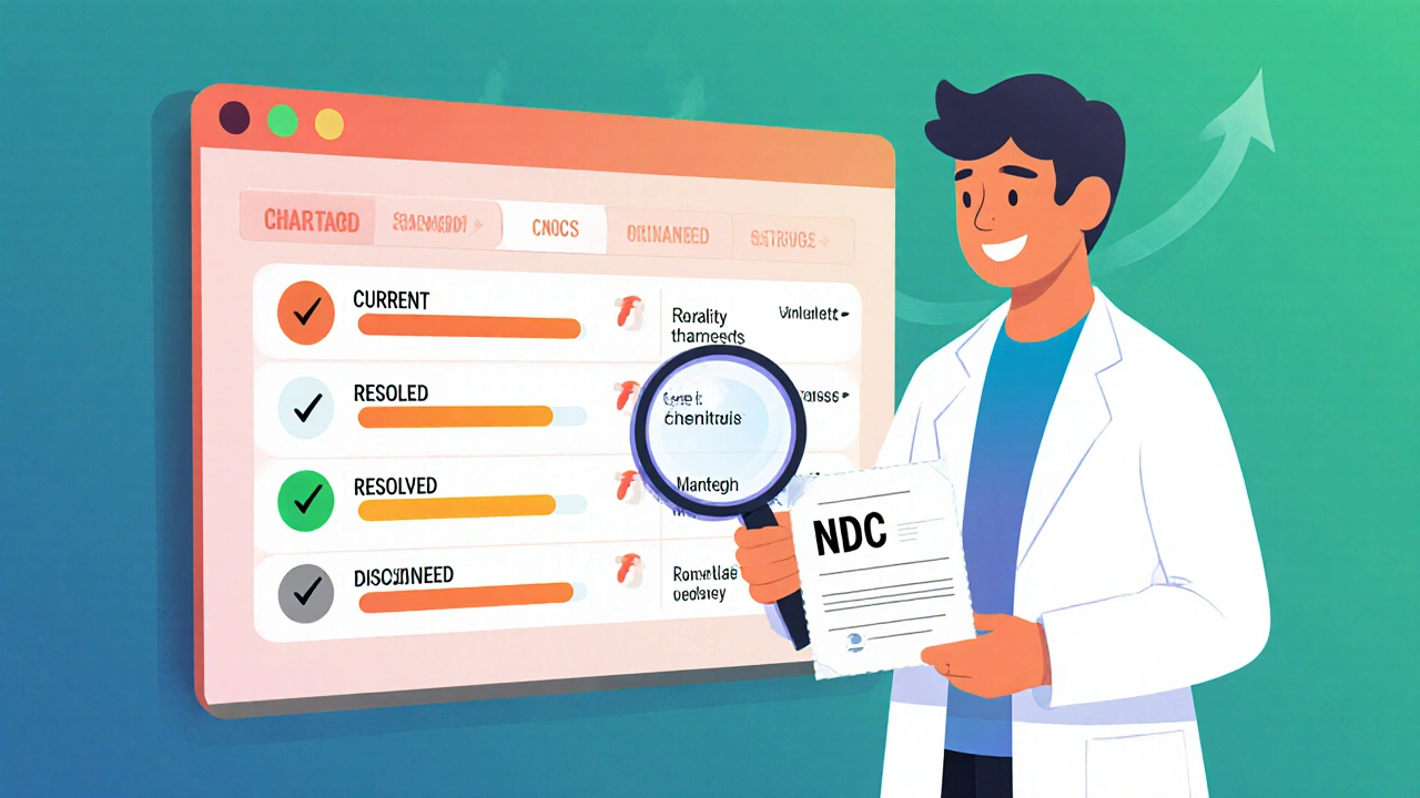 Pharmacist viewing drug shortage statuses and NDC codes on a digital dashboard.