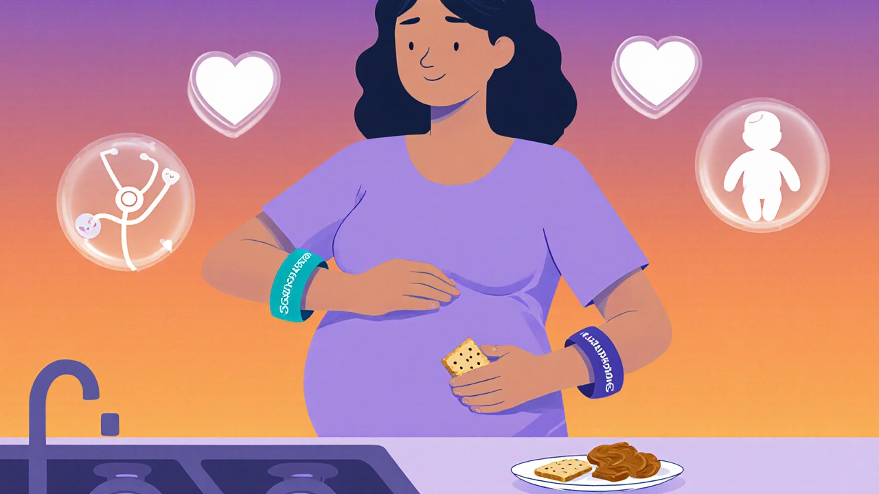 Pregnant person wearing acupressure bands and eating ginger chews in a calm kitchen.