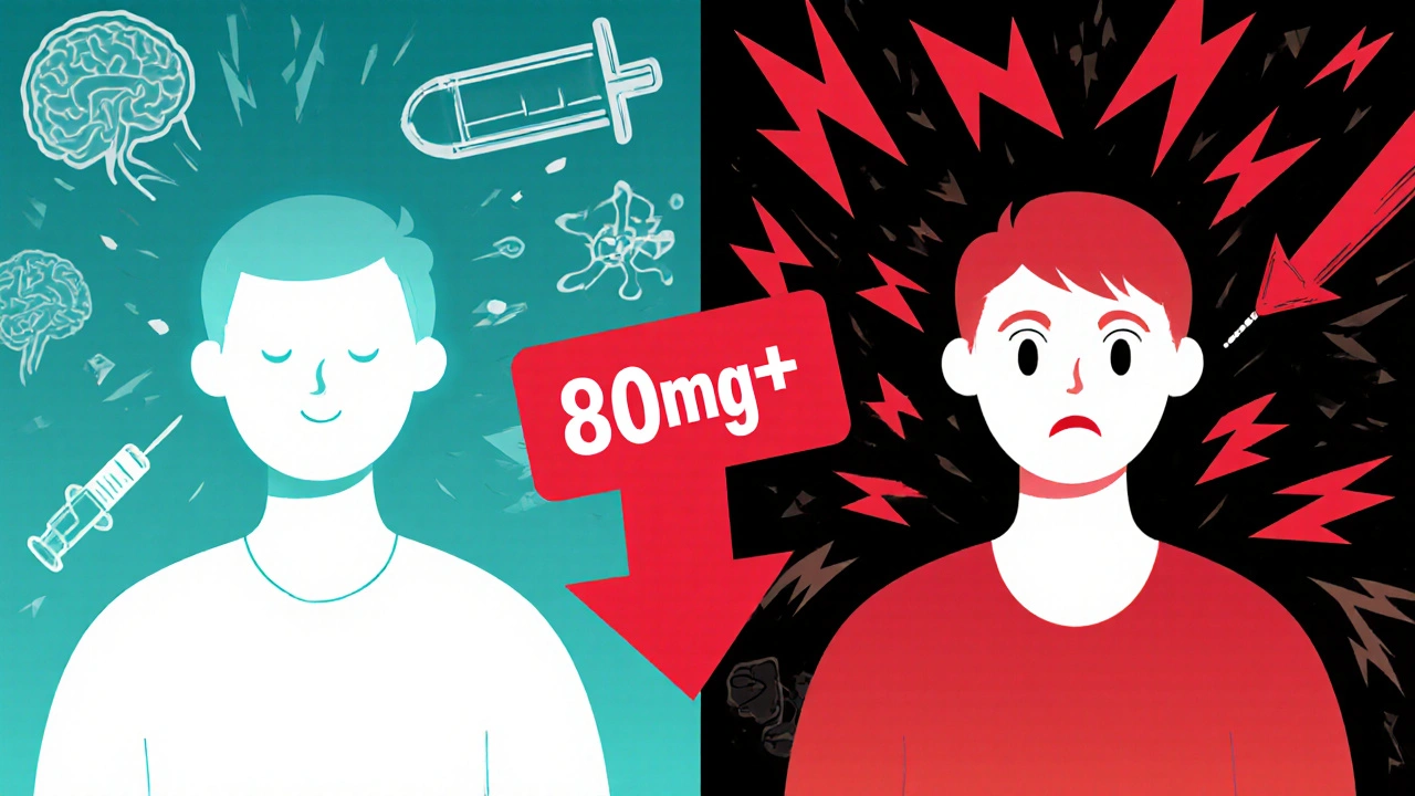 Split illustration: calm steroid injection on one side, chaotic psychosis on the other with bold gradient colors.