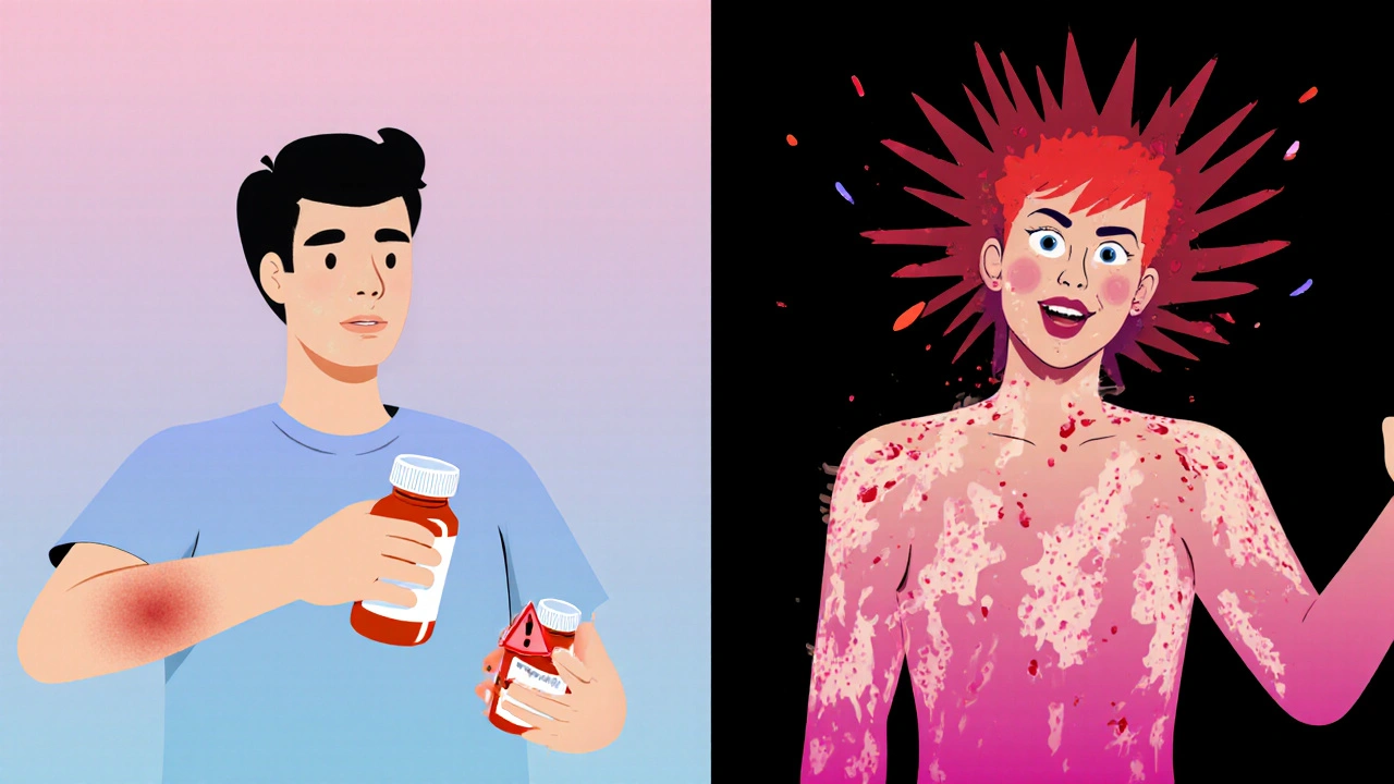 Split illustration: mild rash vs. severe skin peeling and blisters with warning siren, symbolizing rapid drug reaction