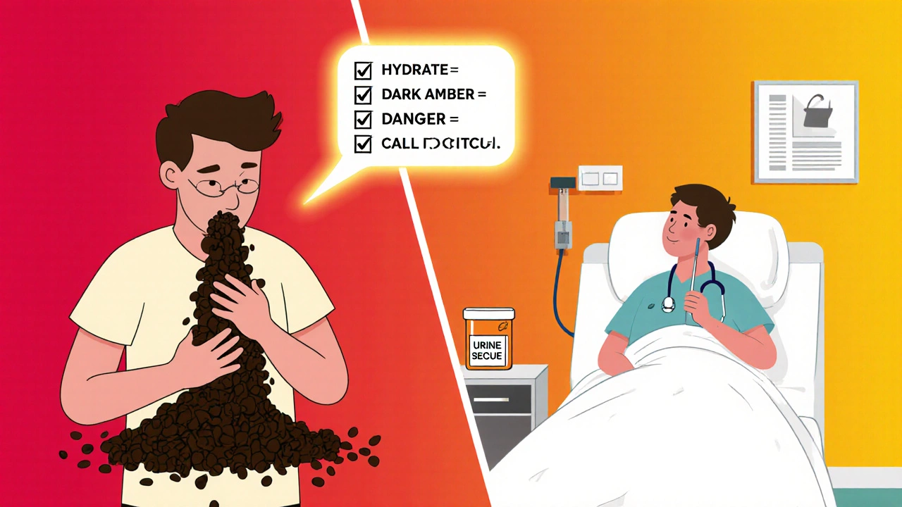 Split image showing emergency symptoms on one side and medical care on the other, with urine color warning.