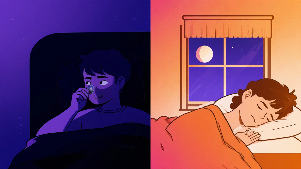 Split image showing same person taking medication at morning vs night, highlighting timing as a solution.