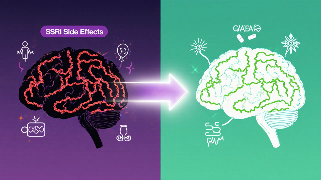 Two brain illustrations: one tangled with side effects, the other smooth and bright, showing transformation from old to new treatments.
