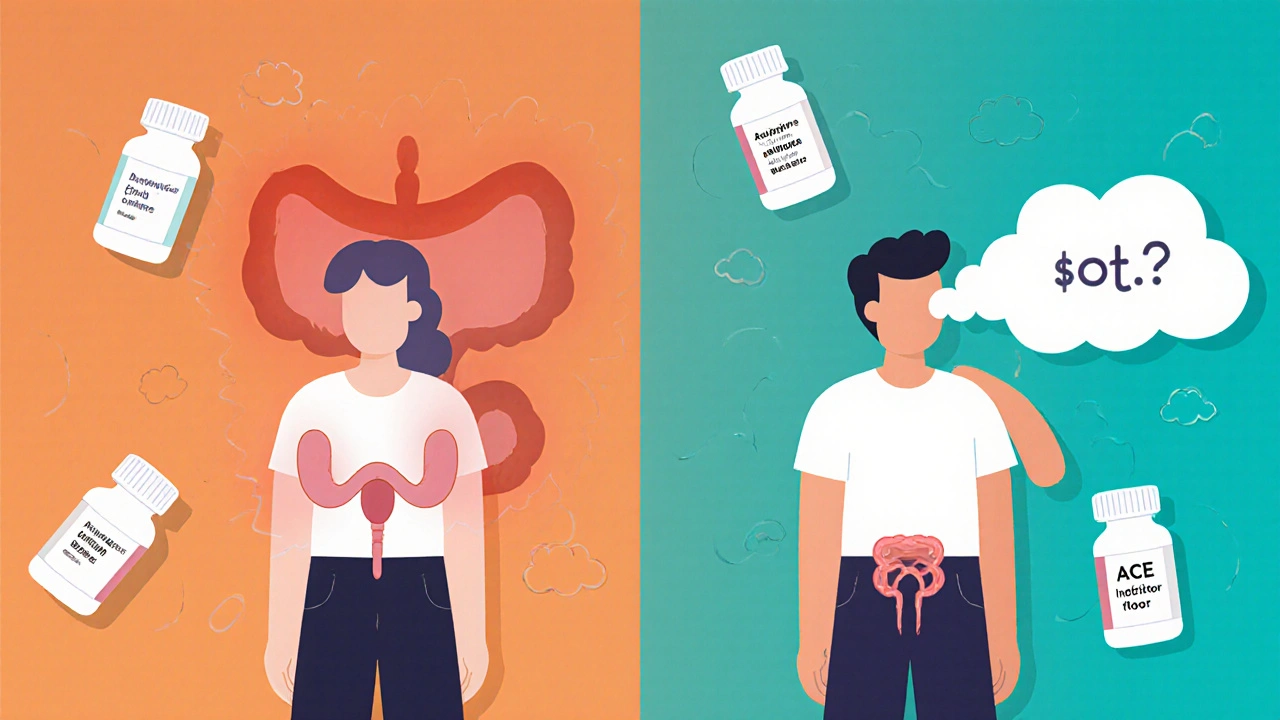 Two people with exaggerated bladder and cough symptoms caused by different medications.