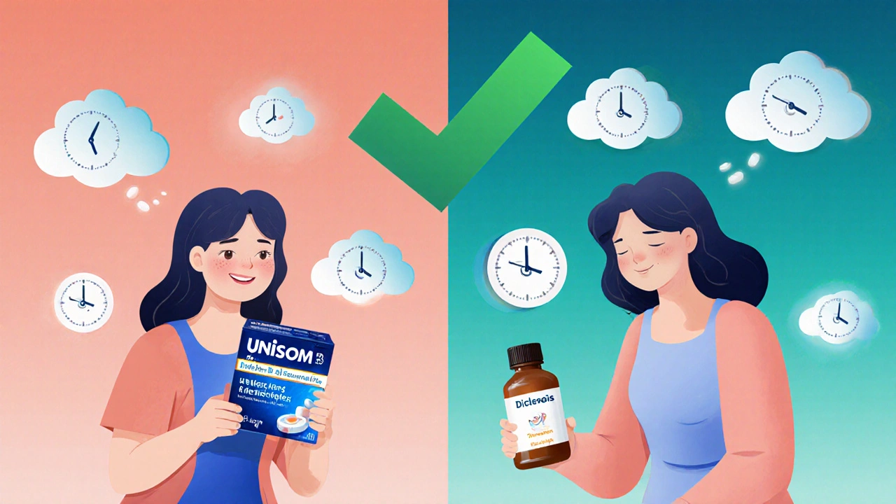 Two women comparing OTC and prescription morning sickness treatments with timed dosing icons.