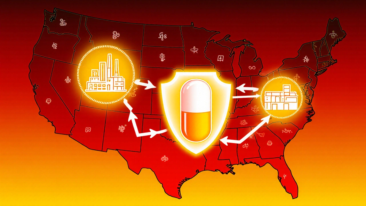 U.S. supply chain shield protecting a generic pill with domestic manufacturing nodes, fading international links in background.