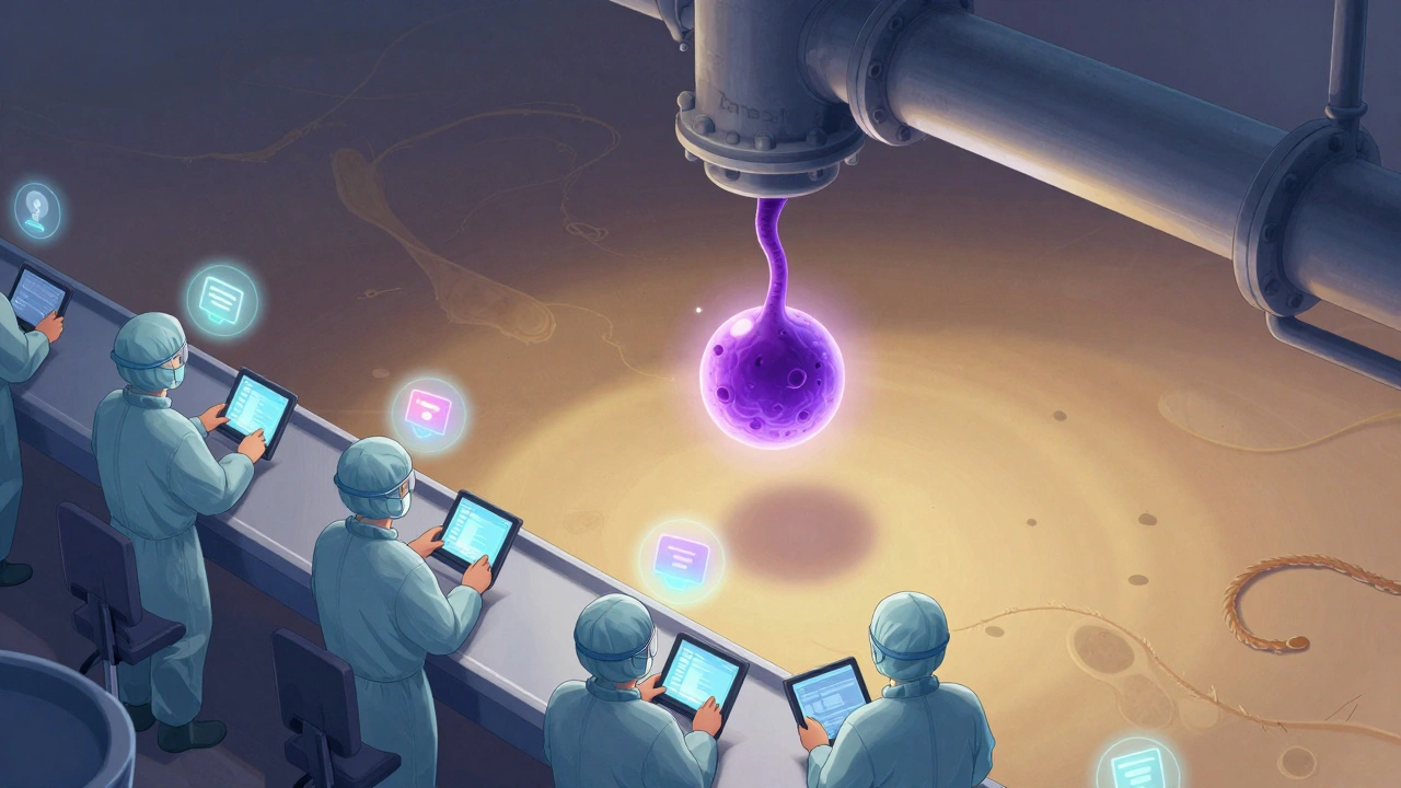 A mold spore drifts from a leaky pipe above a production line, with workers monitoring digital alerts in gradient lighting.