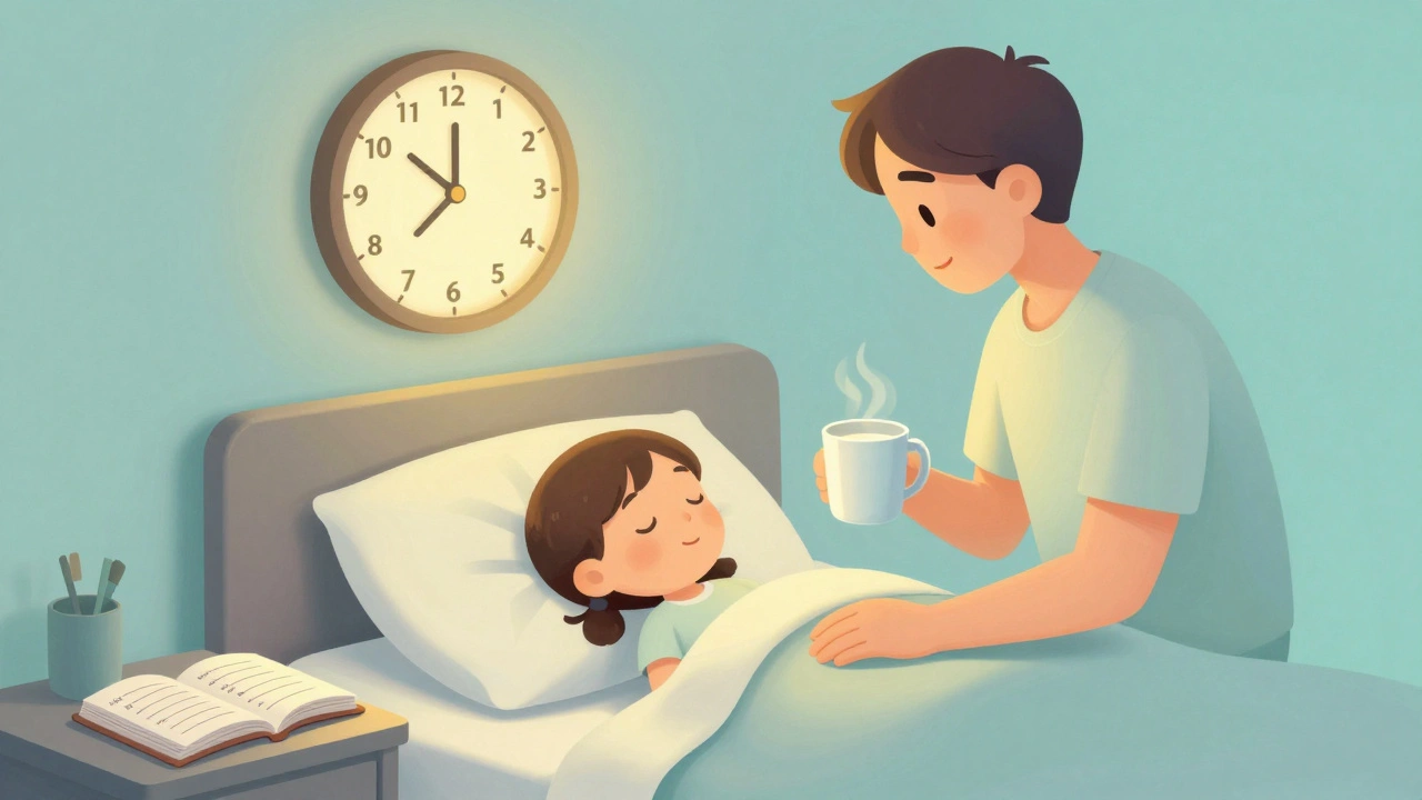 A parent gently wakes a child 15 minutes before a typical sleepwalking episode, holding warm milk as part of a safe routine.