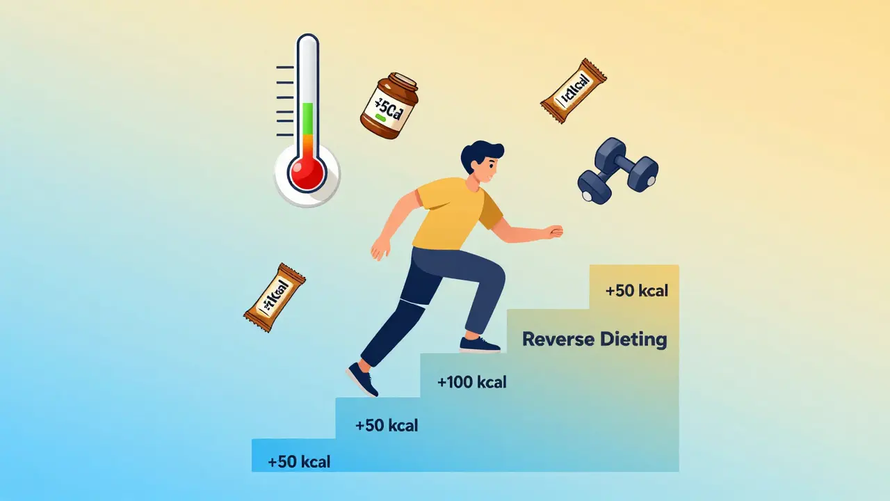 A person climbing a staircase labeled with increasing calories, symbolizing metabolic recovery.