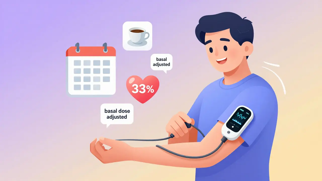A person using an insulin pump with a CGM, surrounded by icons of progress, heart health, and weekly doses, in soft gradient colors.