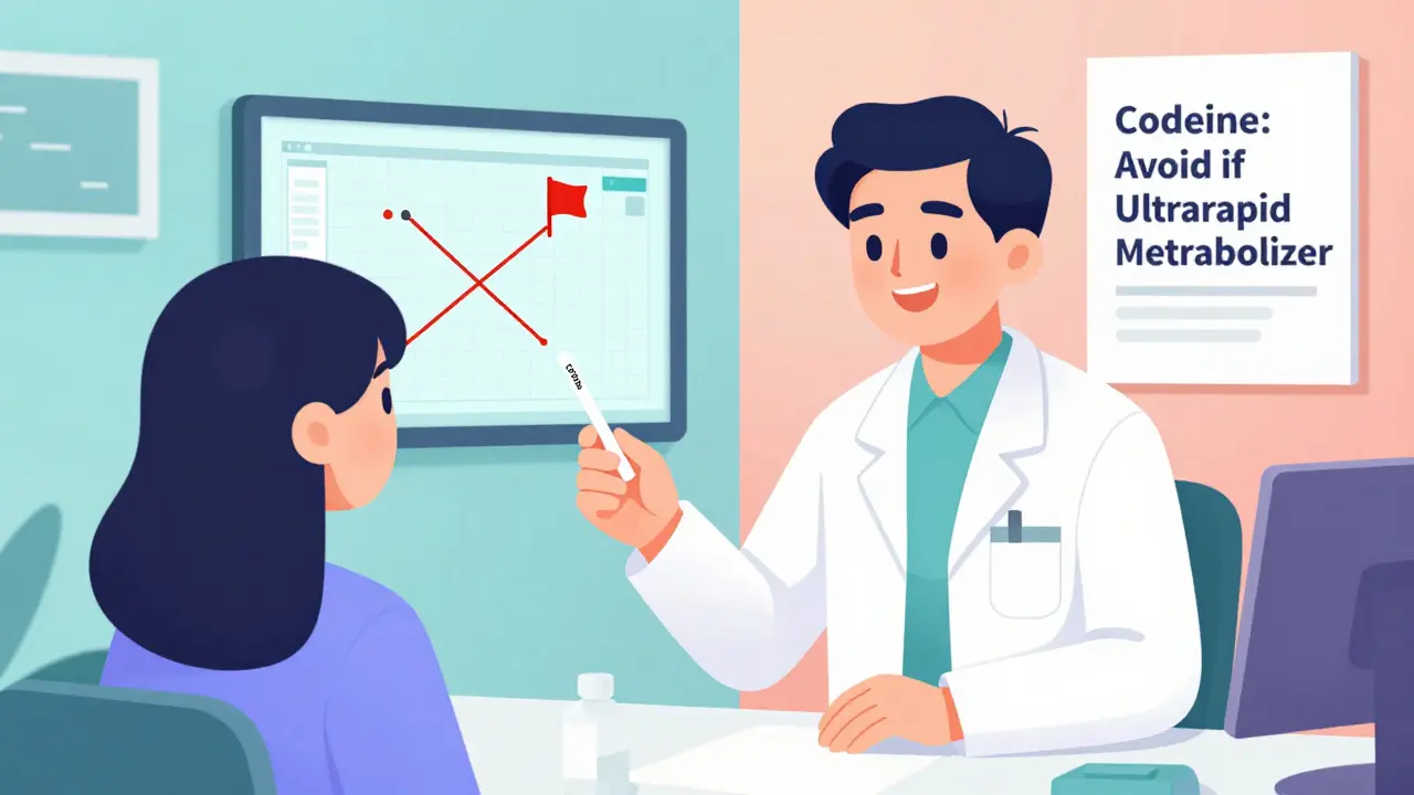 A pharmacist giving a genetic test kit to a patient, with a warning screen about codeine risks in the background.