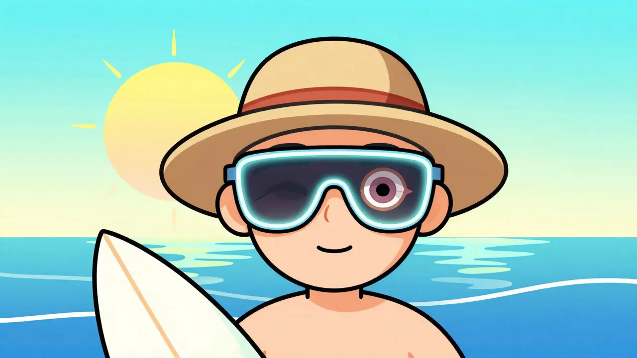 A surfer wearing protective sunglasses and hat, with UV rays blocked by a glowing shield over their eyes.