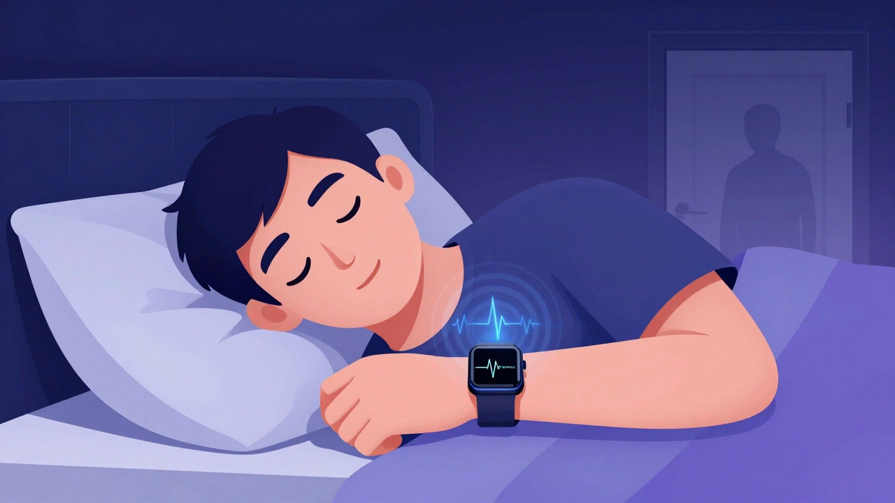 An adult wears a smartwatch that gently vibrates to prevent a night terror, with calming gradients and subtle biometric feedback.