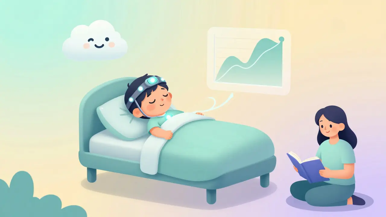 Child in a floating bed during a sleep study, glowing sensors and smiling cloud graphs above.