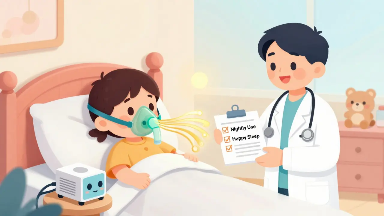 Child wearing a colorful CPAP mask with soft air streams, smiling doctor nearby in cozy room.