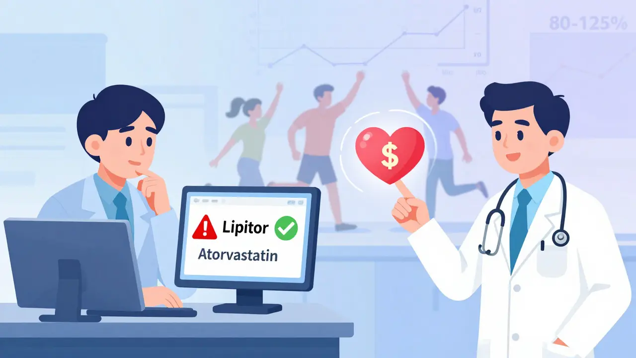 Clinician choosing generic drug on computer, cost savings turning into a heart, bioequivalence graph in background.