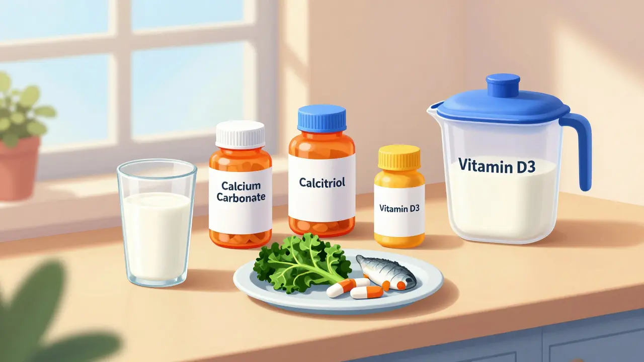 Daily medication and food setup with calcium pills, vitamin D, milk, and healthy foods on a counter.