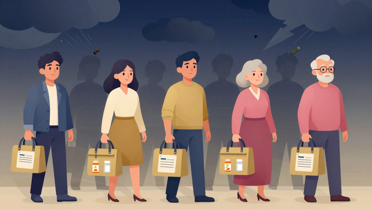 Diverse people evacuating with go-bags during a storm, each carrying essential medications.