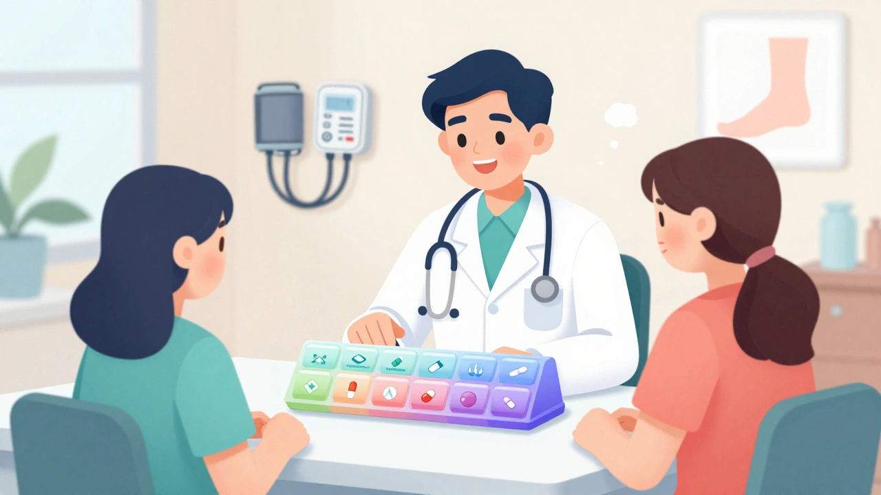 Doctor and patient at a table with labeled pill organizer and soft side effect icons
