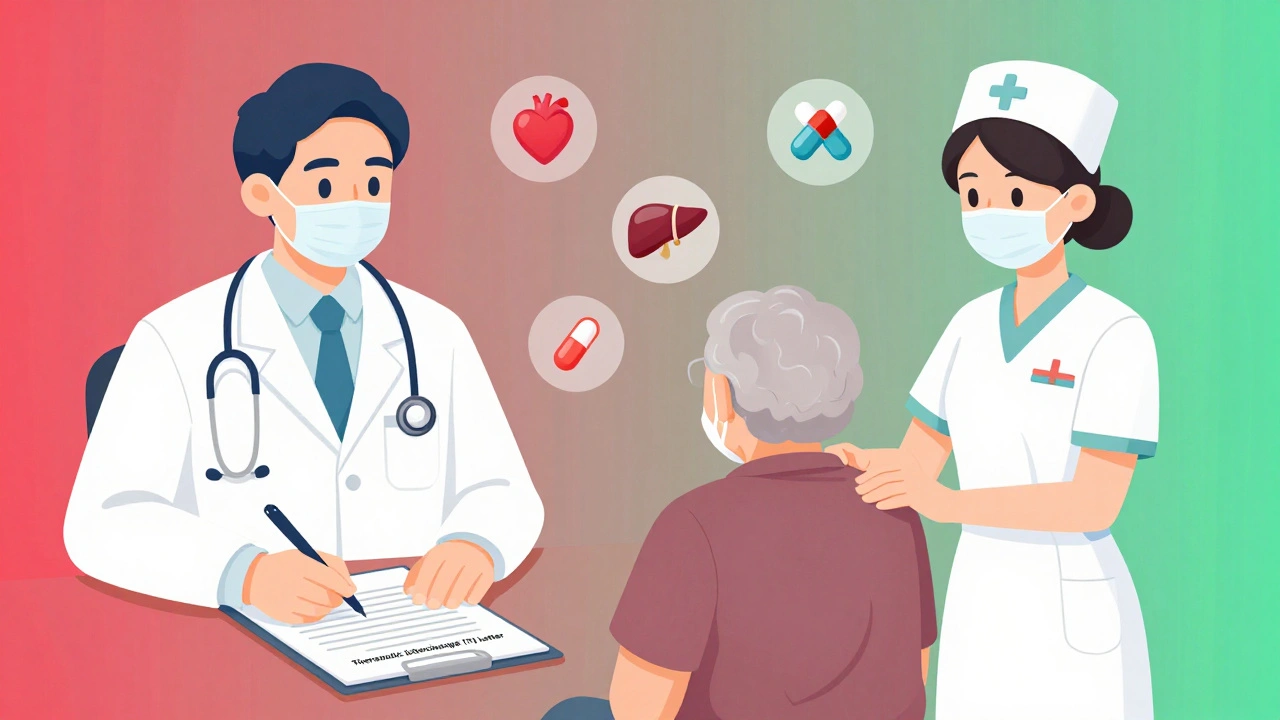 Doctor signs interchange letter while nurse administers substituted medication in a nursing home, with color gradient showing drug transition.