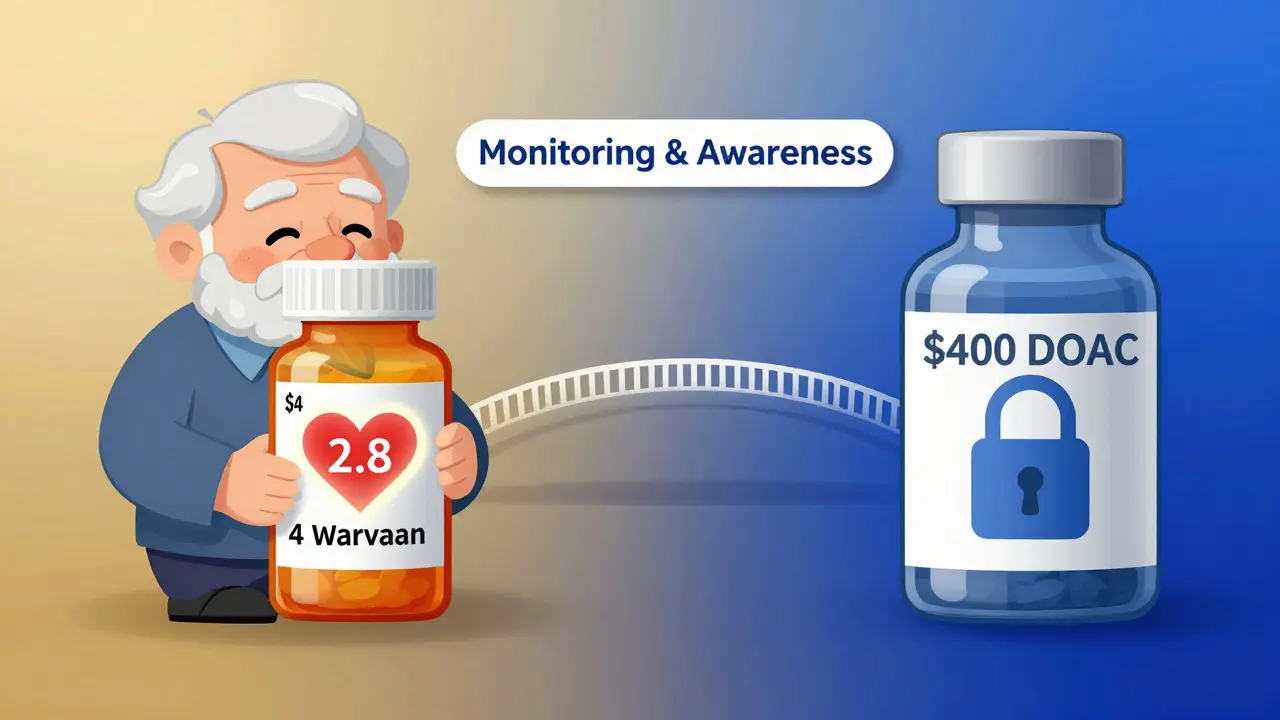Elderly person with affordable warfarin and safe INR vs. expensive DOAC, connected by monitoring bridge.