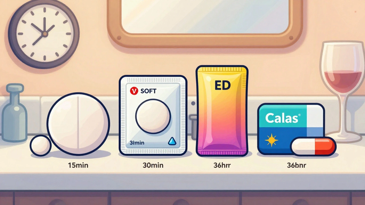 Four ED medications compared on a counter with speed icons and price differences shown visually.