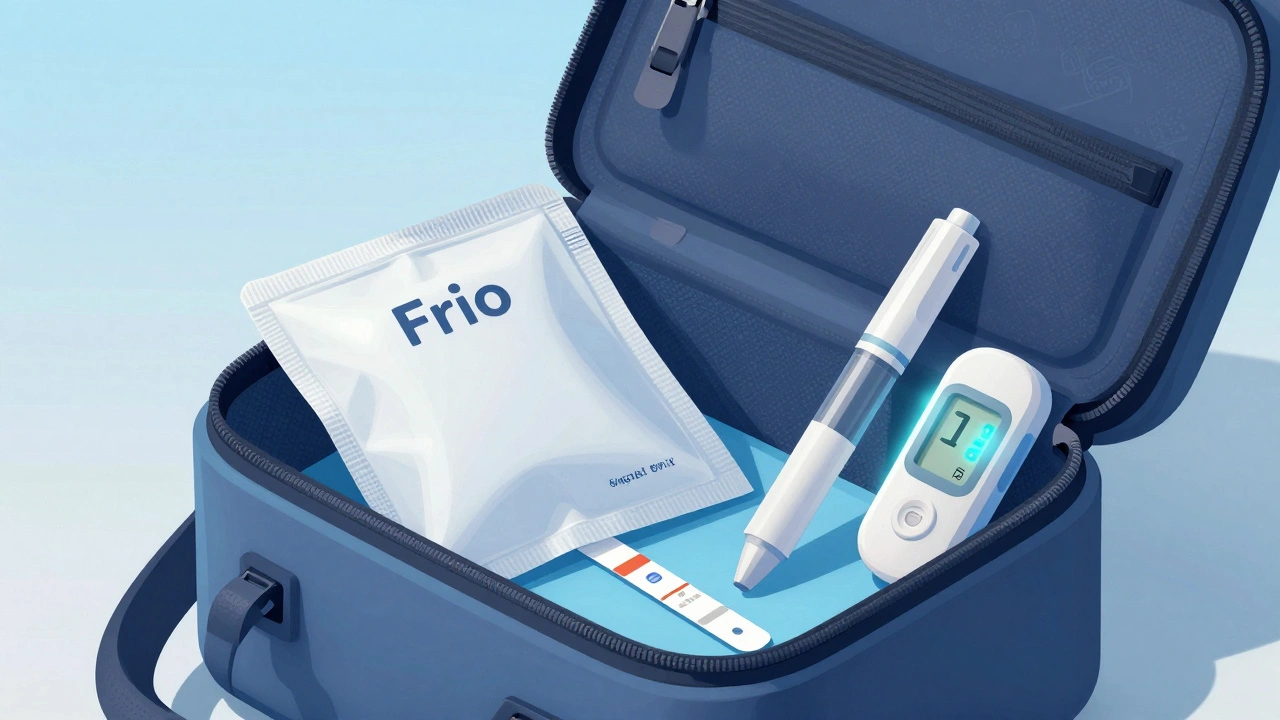 Frio Wallet and insulin pen with a temperature sensor inside a go-bag, symbolizing safe storage.