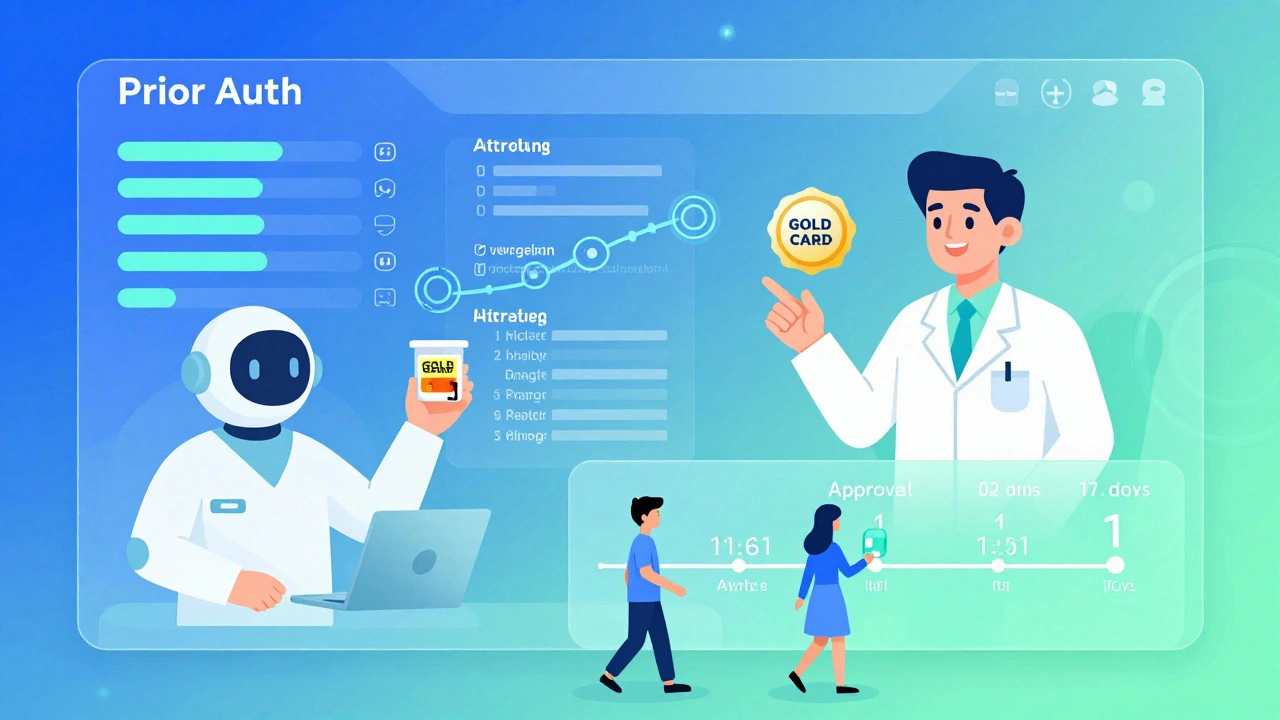 Futuristic pharmacy dashboard showing AI automation, blockchain verification, and gold card approval