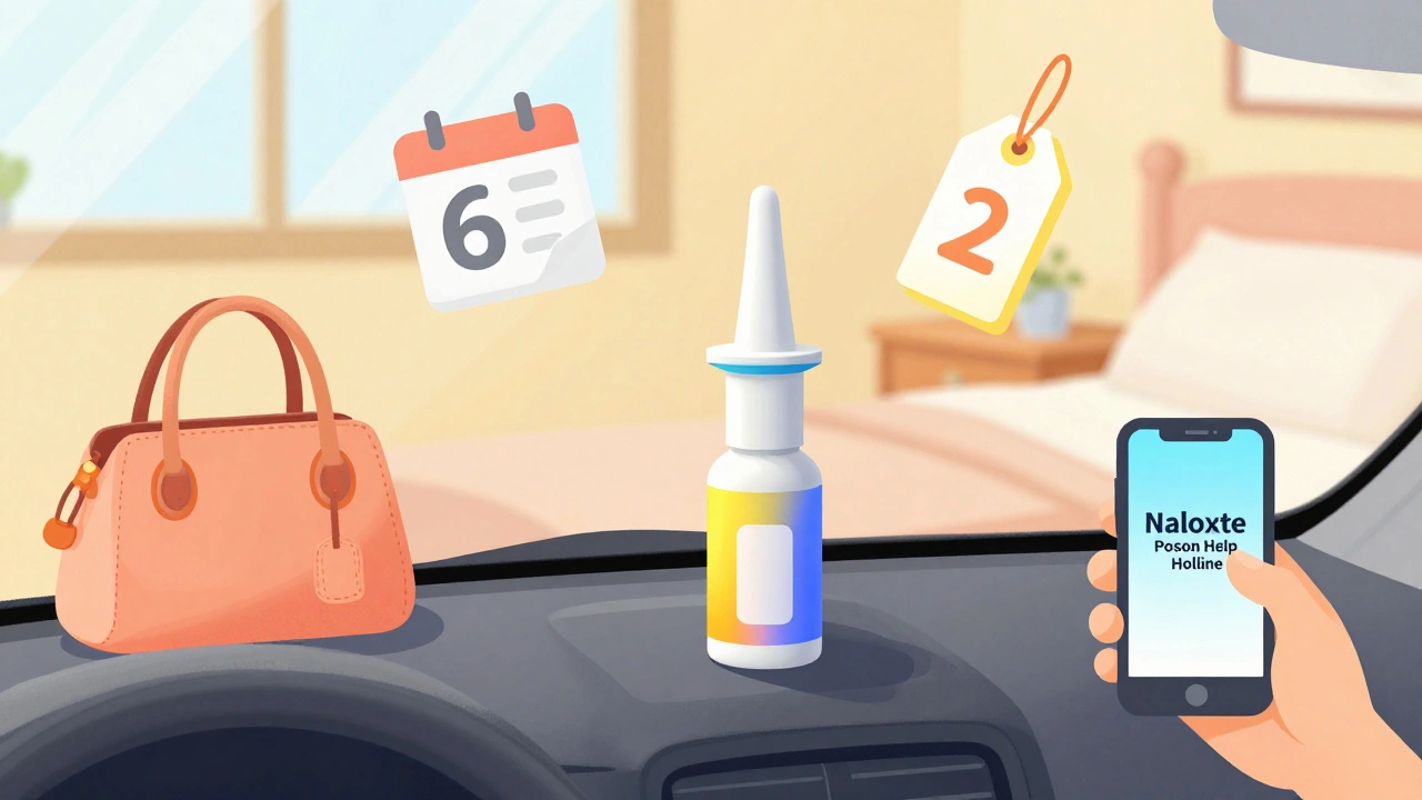 Naloxone kit stored safely on a car dashboard and bedside table with expiration and accessibility reminders.