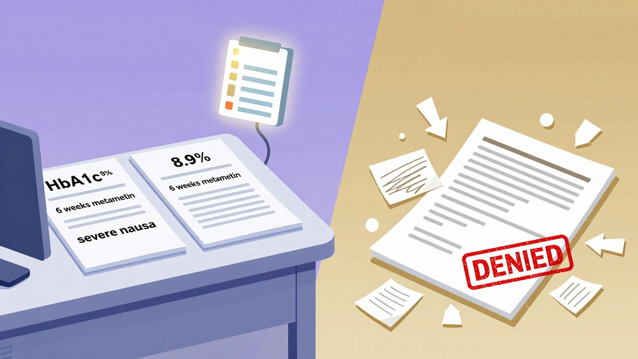 Organized pharmacy desk with key medical data vs. chaotic denied paperwork, glowing e-submission icon