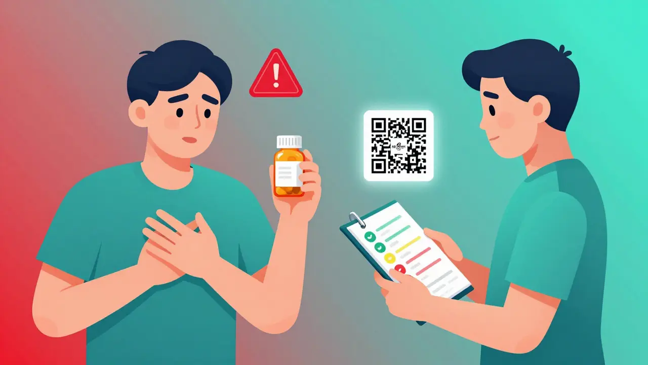 Patient comparing emergency symptoms to a color-coded journal, with a QR code linking to official drug info.