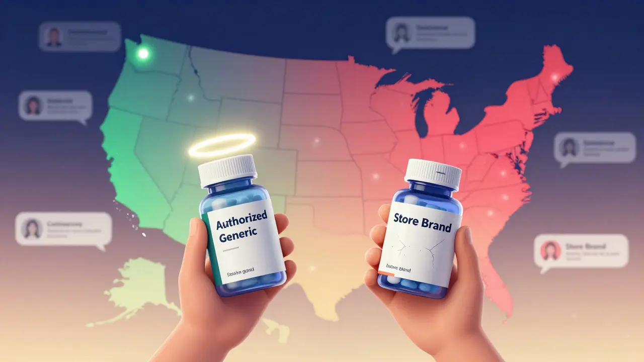 Patient holds two pill bottles—one glowing authorized generic, one cracked store brand—before a U.S. policy map.