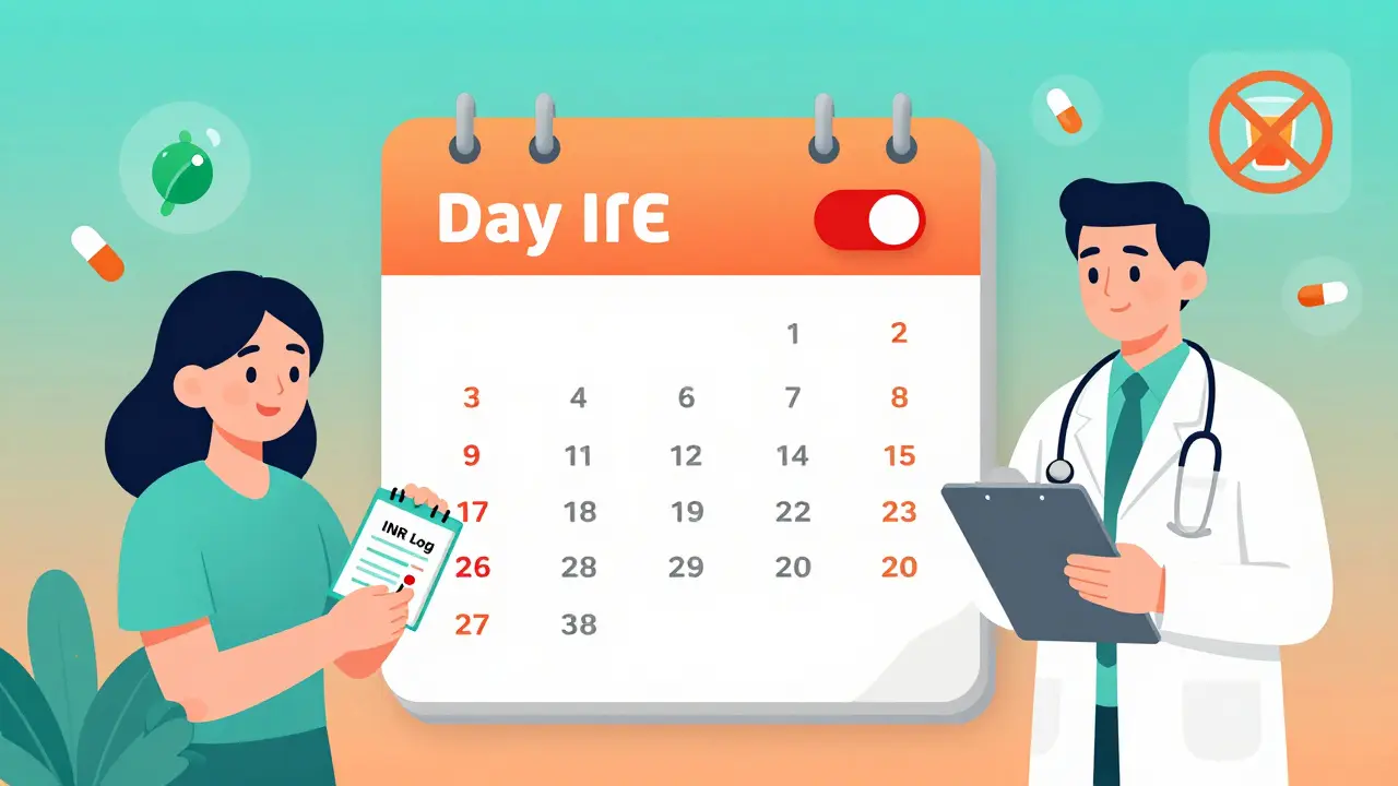 Patient tracking INR tests after switching warfarin brands, with calendar and logbook, medical icons around.