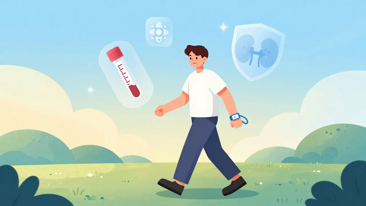 Patient walking with medical bracelet, surrounded by floating icons of healthy calcium and kidney protection.